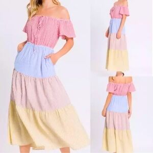 Urban Outfitters Midi Dress Colorblock Seersucker Striped Off Shoulder Sz M